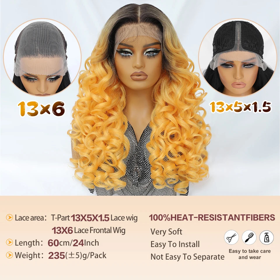 Latisha 13X6 Synthetic Lace Front Wigs Curly 13X5X1 Pre Plucked Lace Frontal Wig with Bangs for Women Highlight with Babyhair