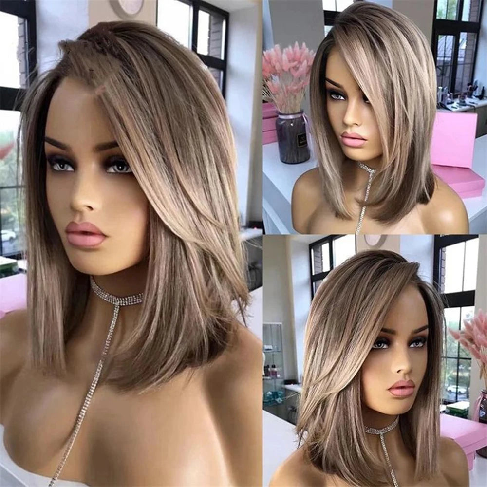 Ash Blonde Bob Lace Front Wig Dark Roots Synthetic Lace Front Wig Short Straight Colored Blonde Wig for Women Daily Use