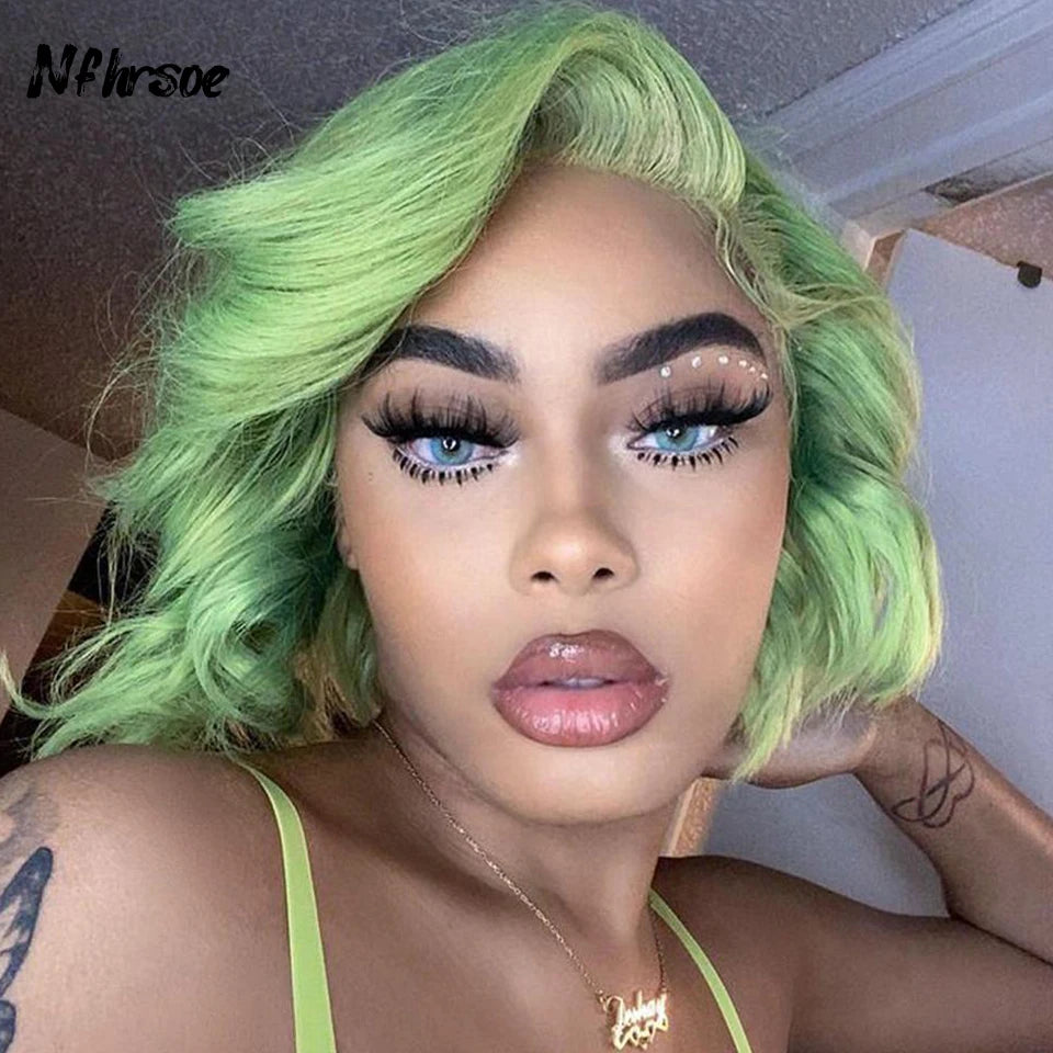 13X4 HD Lace Front Wig Brazilian Short Wave Pixie Cut Human Hair Wigs For Women Preplucked Light Green Colored Short Bob Wigs