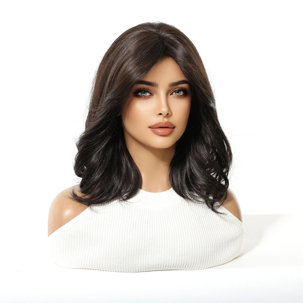 Short Wavy Bob Wigs for Women Dark Brown Black Bob Natural Synthetic Wig Middle Part Daily Party Lolita Use Heat Resistant Fiber