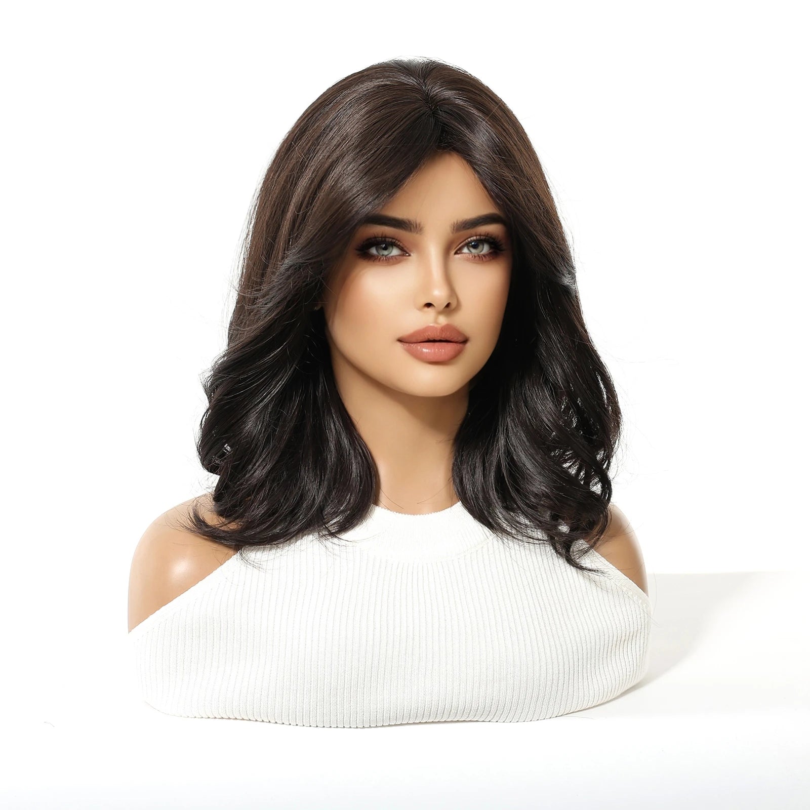 Short Wavy Bob Wigs for Women Dark Brown Black Bob Natural Synthetic Wig Middle Part Daily Party Lolita Use Heat Resistant Fiber