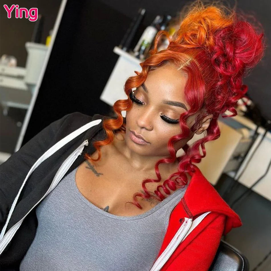 Ying Half Color Orange Red Curly 5x5 Transparent Lace Wig 13x4 Lace Front Wig Remy Human Hair 13x6 Lace Front Wig PrePlucked
