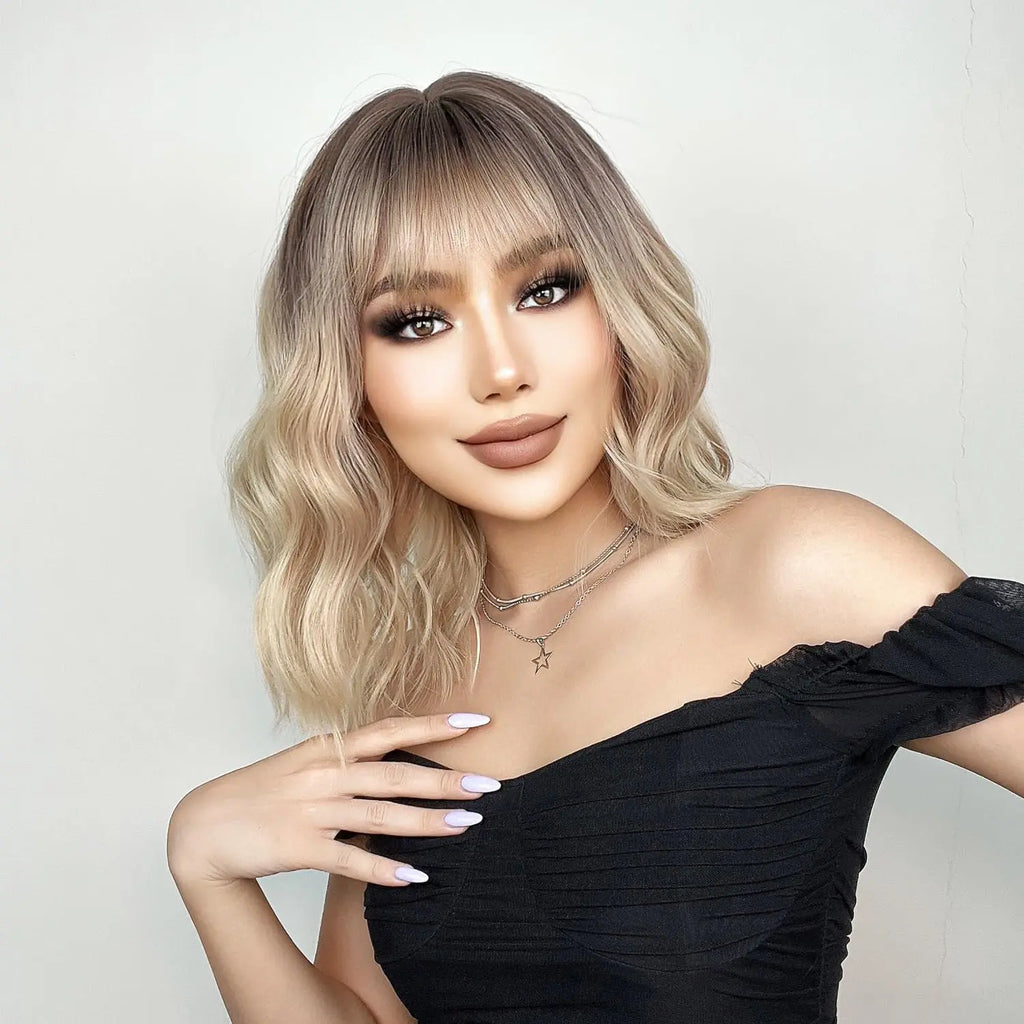 14in Blonde Bob Wig With Bangs For Women Curly & Wavy Shoulder-Length Synthetic Hairpiece, Perfect For Daily Wear & Cosplay