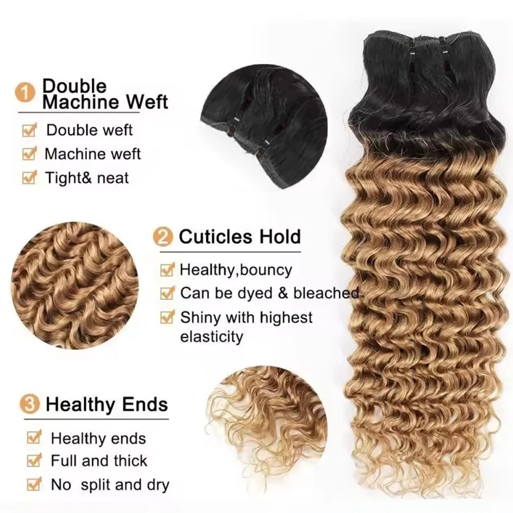 16A 100% Human Hair T1B/27 Honey Blonde Human Hair Bundles Deep Wave Hair Weft Ombre Color #27 Brazilian Hair Extensions 1/3 Pcs
