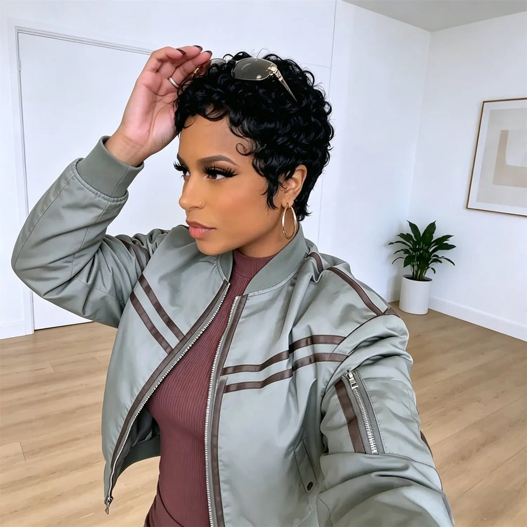 Human Hair Wig Short Curly Wig Full Machine Made Pixie Cut Wig 100% Human Braziline Remy Hair Fashion Breathable for Black Women