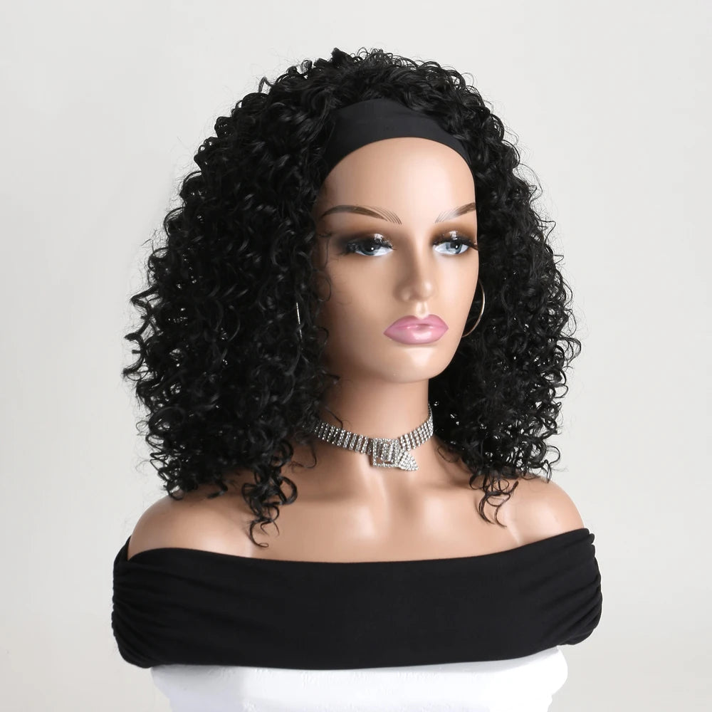16 Inch Headband Synthetic Natural Kinky Curly Black Brown Wigs For Black Women Daily Party Use Heat Resistant Fake Hair