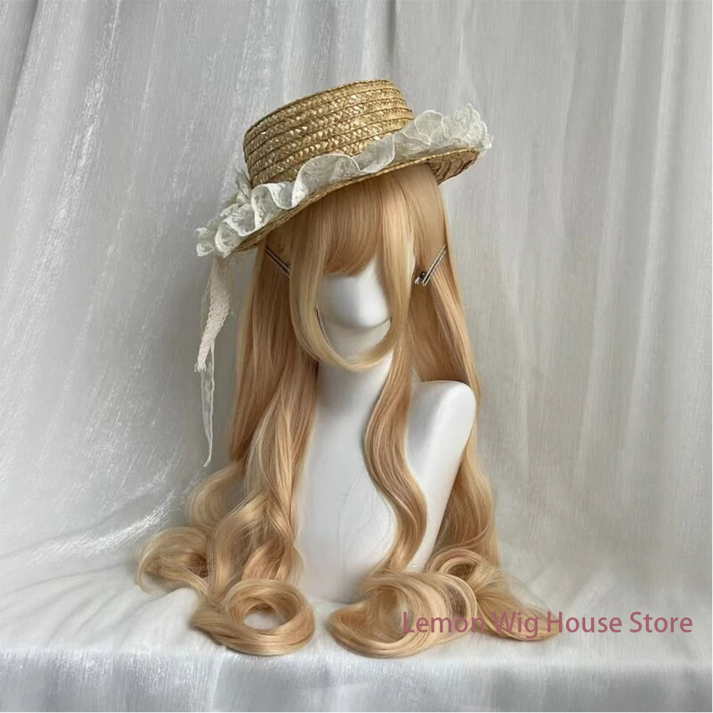 Long Wavy Blonde Synthetic Wig with Bangs Natural Long Curly Hair Lolita Wig for Women Daily Cosplay Halloween Harajuku Wigs