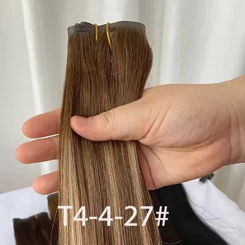 Brazilian Real Human Hair Clip-In Extensions Hard PU Braided Invisible Remy in Natural Black Brown Golden Brown Highlight Colors