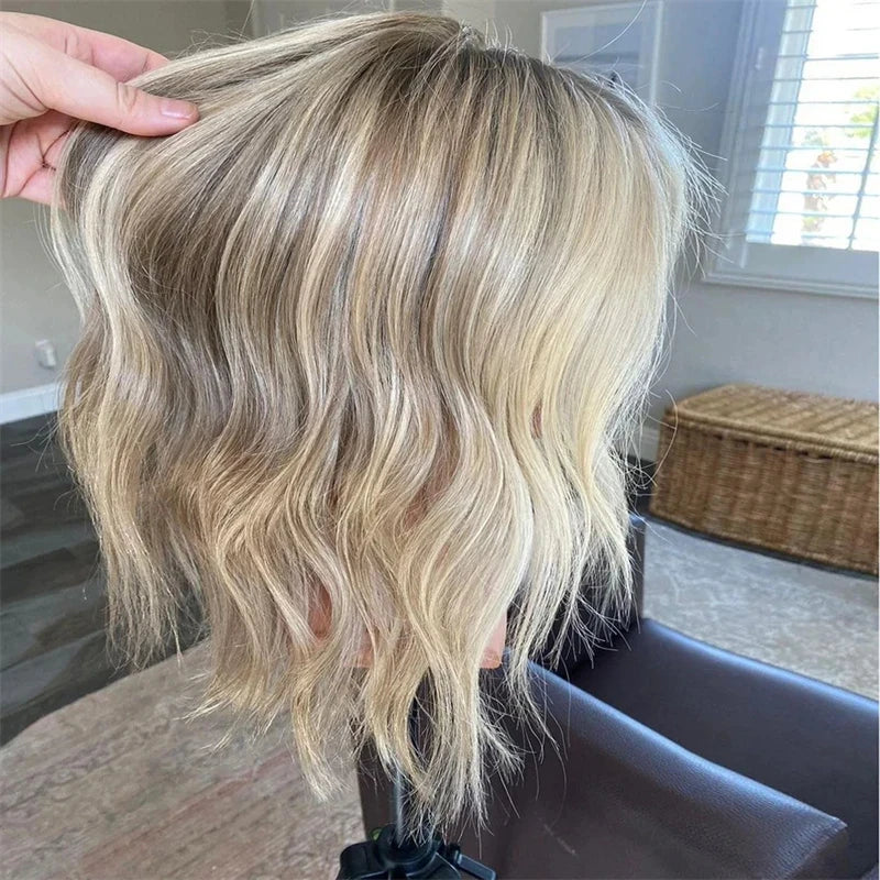 High Heat Fibre Realistic Lace Front Wig Ash Blonde Highlights HD Lace Wigs for Women Hair Loss 13x4 Glueless Short Bob Wavy Wig