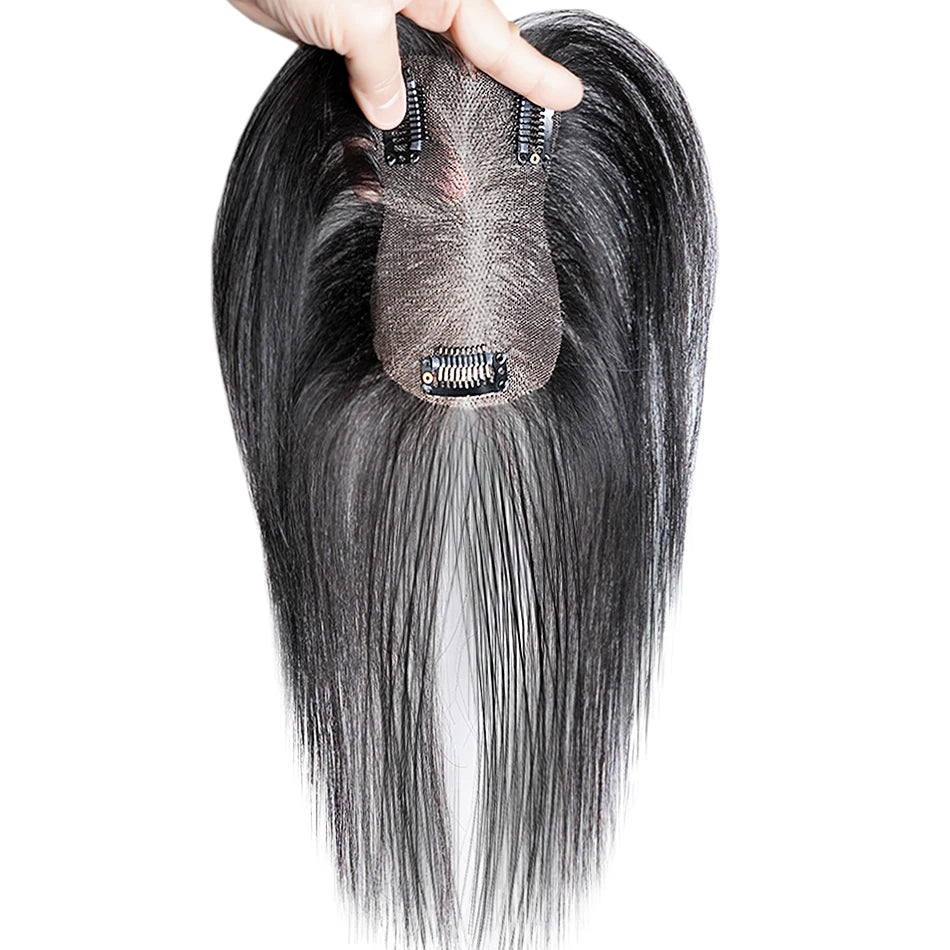 100% Real Human Hair Toppers with Bangs Silk Base 3Clip Pieces Brown Straight Human Topper Hairs for Women Hair Extension