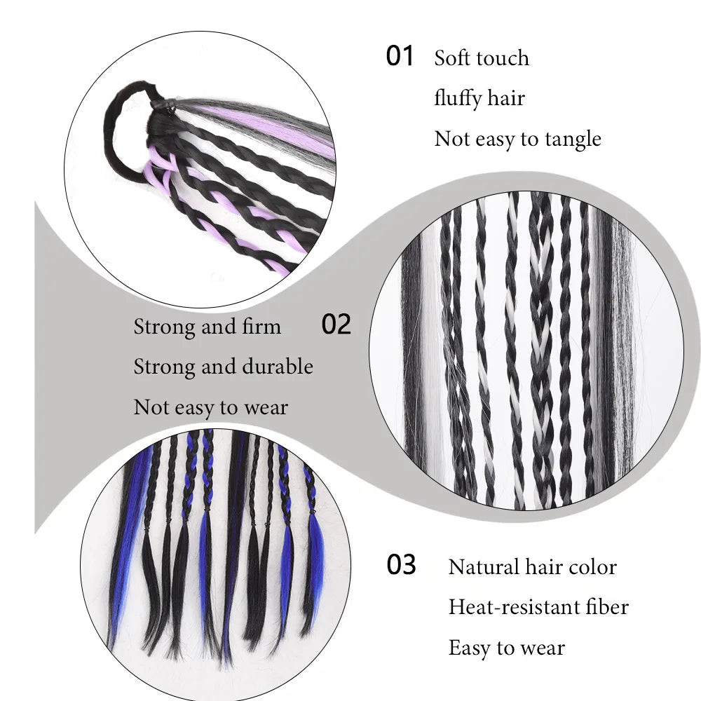 Long Braided Ponytail Extension Synthetic Hair Extensions Red Black Colored Box Braids with Rubber Band Hairpiece for Women