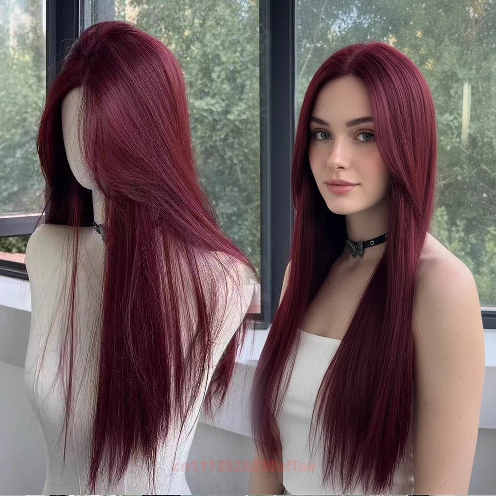 Red Wig for Women Long Straight Hair Forehead Lace Wig  for Cosplay Daily Use Lolita  Synthetic Wigs Natural Hair Heat Resistant
