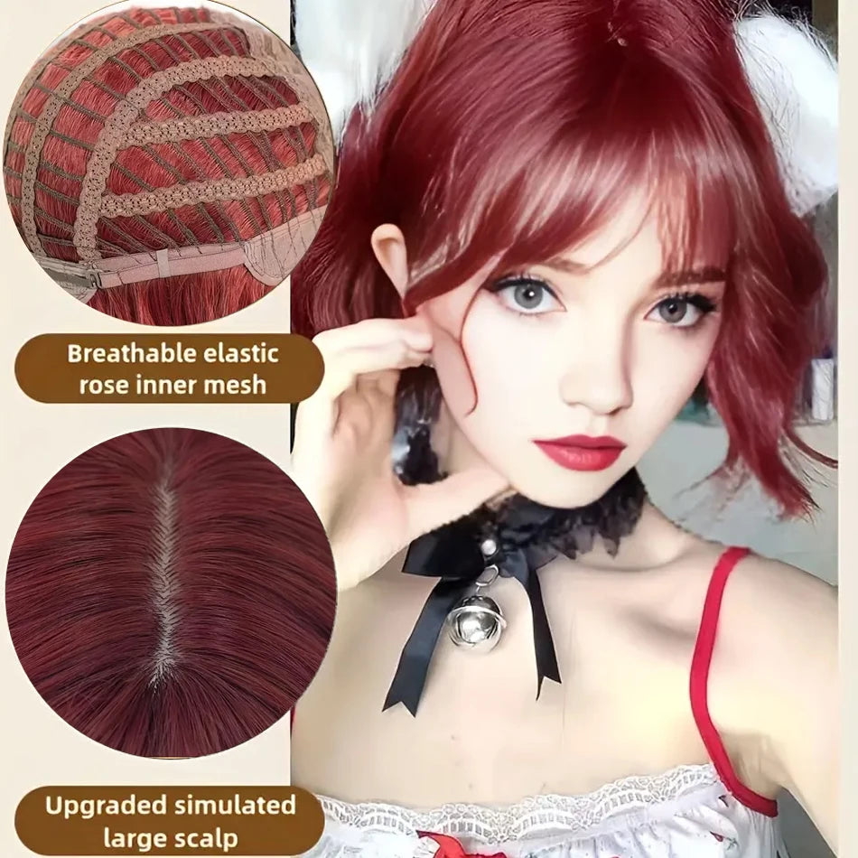 Cute Raspberry Red Synthetic Hair Short Curly Full Machine Made BOB Wig With Bangs Natural Simulated Scalp Cosplay Wig For Women
