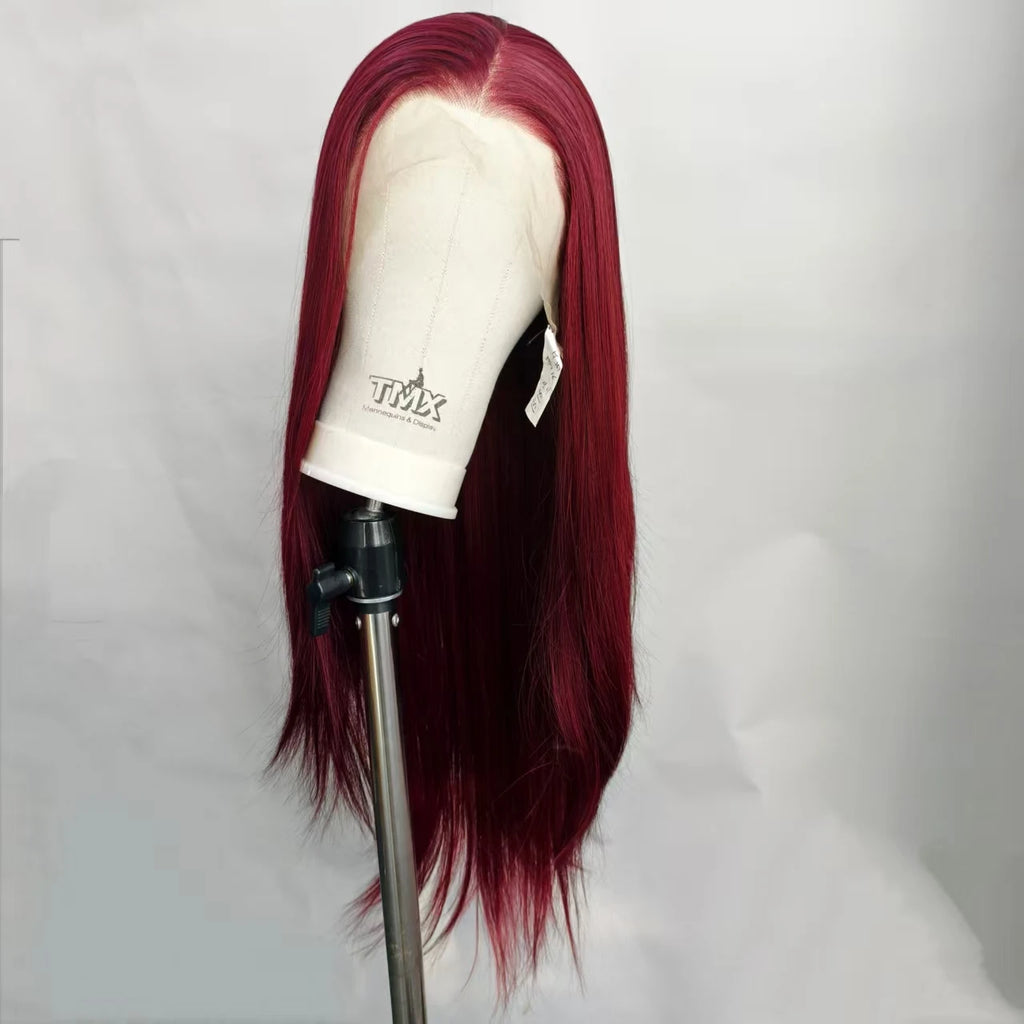 Wine Red Lace Front Wig Pre Plucked Natural Straight Red Wig Heat Resistant Fiber Synthetic Glueless Wig  for Women