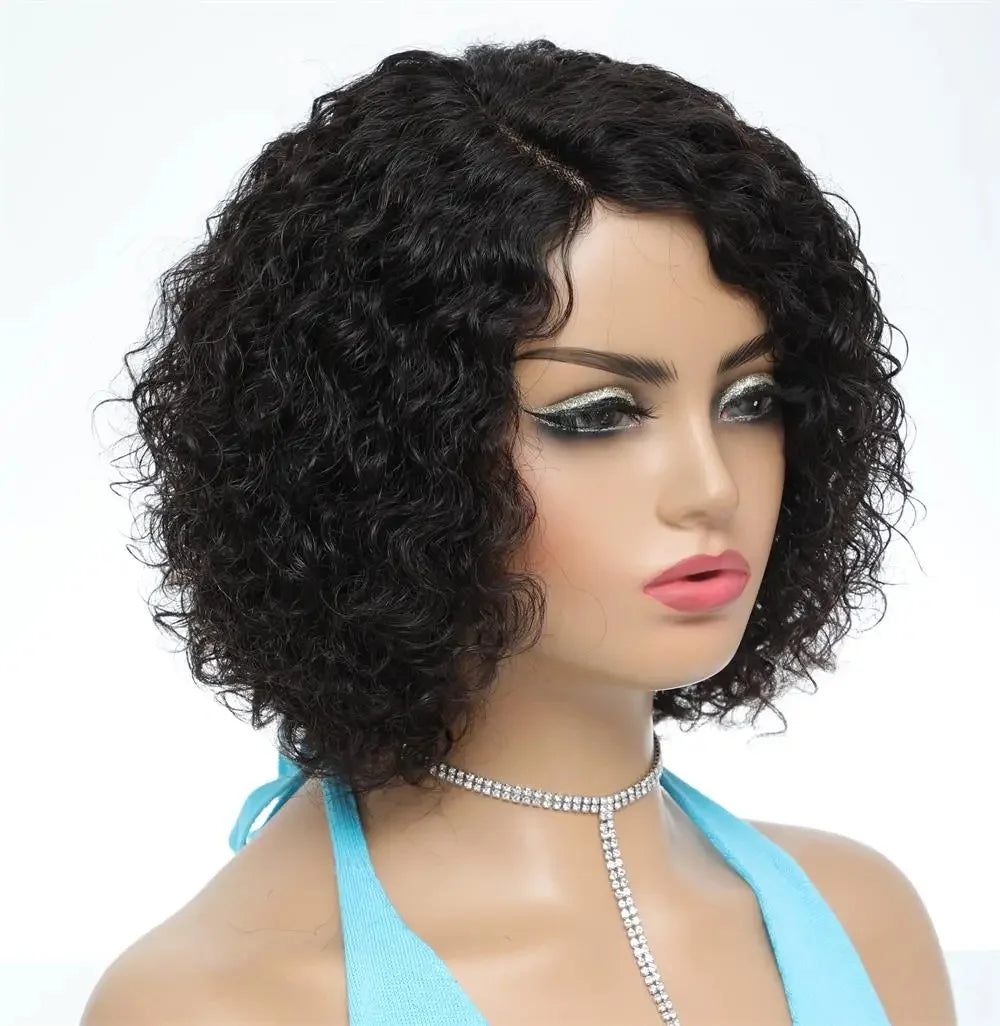 Jerry Curly Human Hair Wig With Bang Short Bob Full Machine Made Wig For Black Women Natural Color 180 Density 5x1 Part Wig