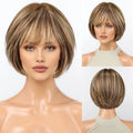 100% Human Hair Short Bob Wig with Bangs Honey Blonde Golden Highlights Glueless Wig for Women Heat Resistant Natural Daily Use