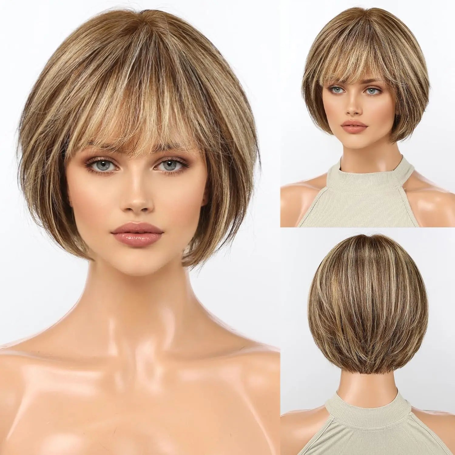 100% Human Hair Short Bob Wig with Bangs Honey Blonde Golden Highlights Glueless Wig for Women Heat Resistant Natural Daily Use