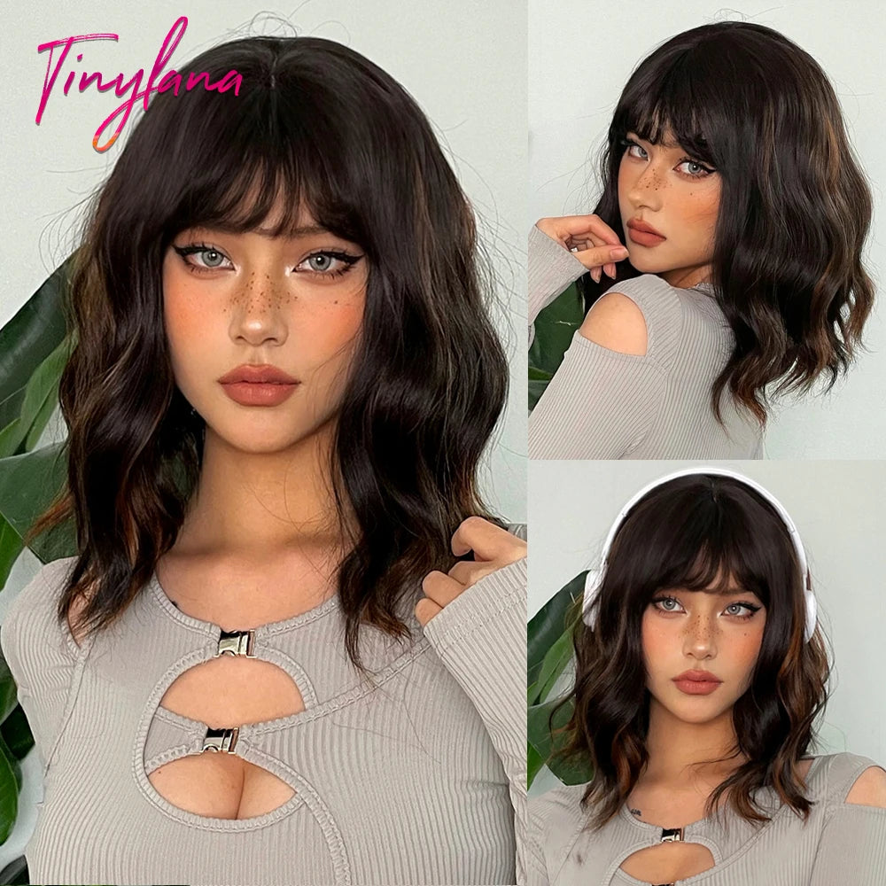 Blue Bob Curly Wavy Synthetic Wigs with Bangs Short Colorful Blue Cosplay Wig for Women DaiIy Lolita Natural Heat Resistant Hair
