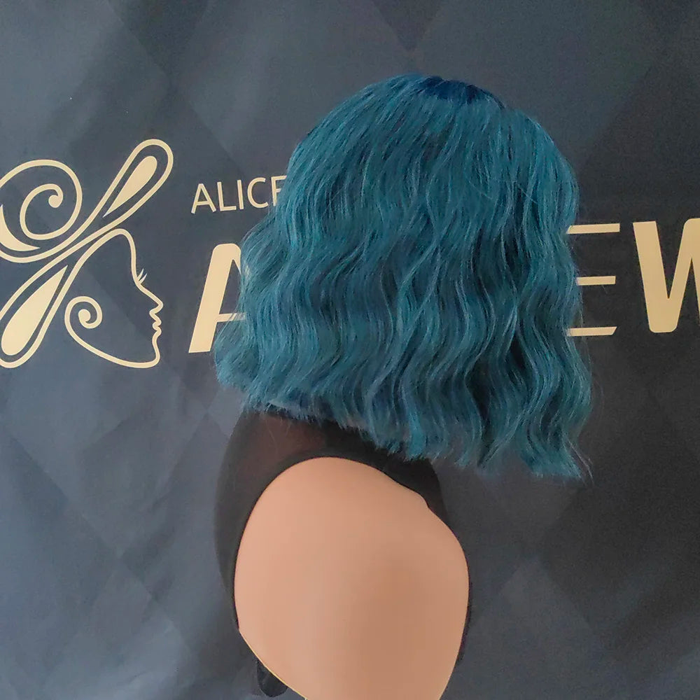 Natural Blue Short Curly Wig for Women - Shoulder Length Wavy Bob with Bangs | Synthetic Heat-Resistant Hair