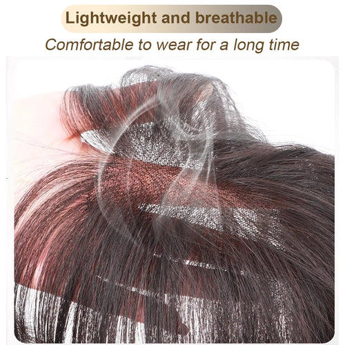 100% Real Human Hair Toppers with Bangs Silk Base 3Clip Pieces Brown Straight Human Topper Hairs for Women Hair Extension