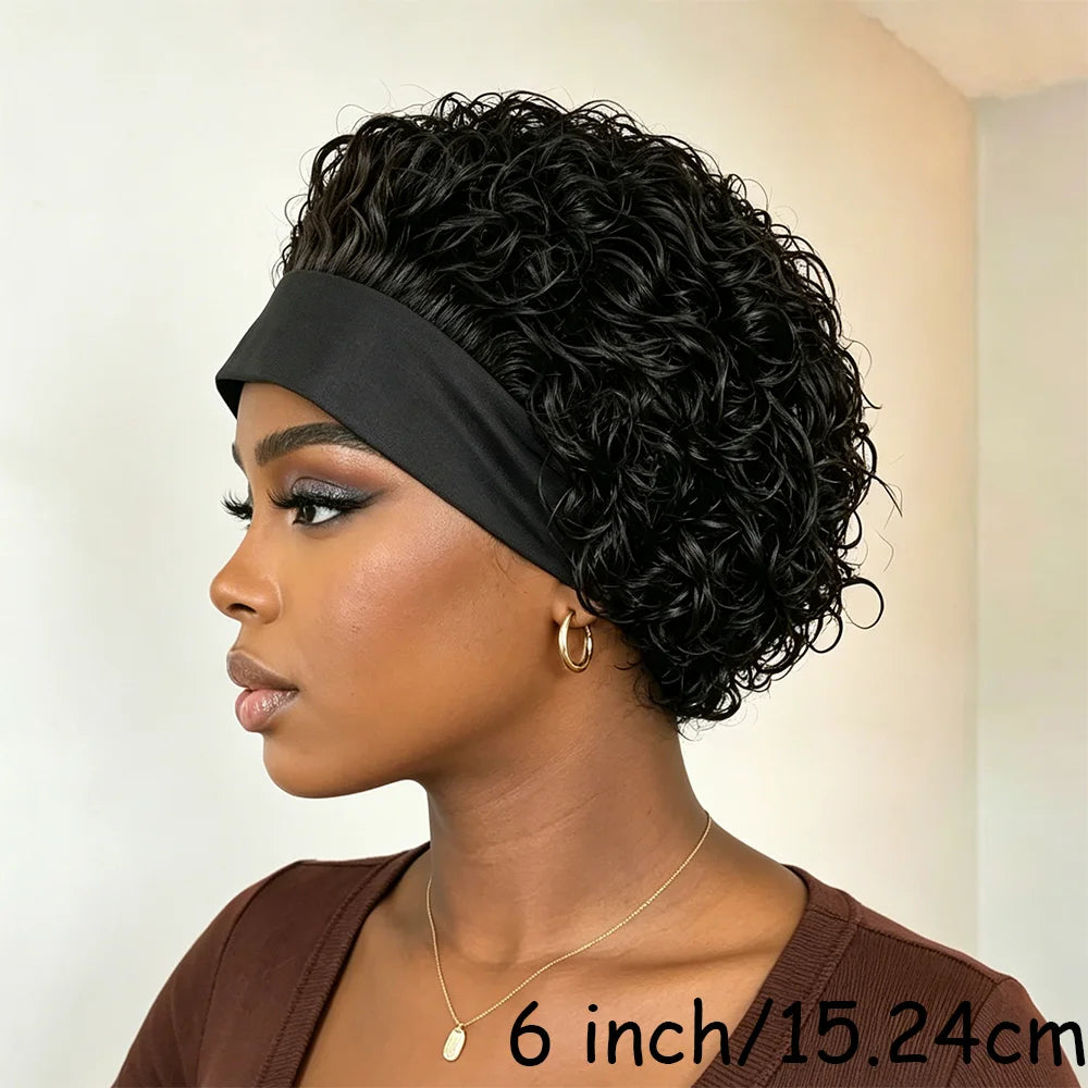 Headband Wig Human Hair for Woman Pixie Cut Wig Short Curly Hair Headband Wig Machine Made 180% Density Black Beginner Friendly
