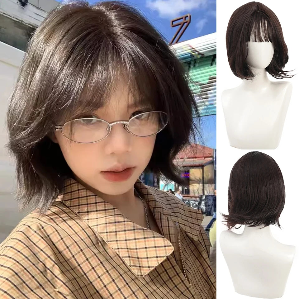 Brown Black Short Curly Hair Wig for Women High Quality Synthetic Wig Wave Fashion Ladies Wig with Bangs Cosplay Lolita Party
