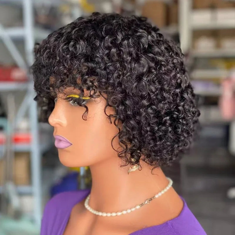 12A Human Hair Short Pixie Curly Fringe Wigs for Women 6inches Natural Color Full Machine Wigs Remy Hair with Bangs