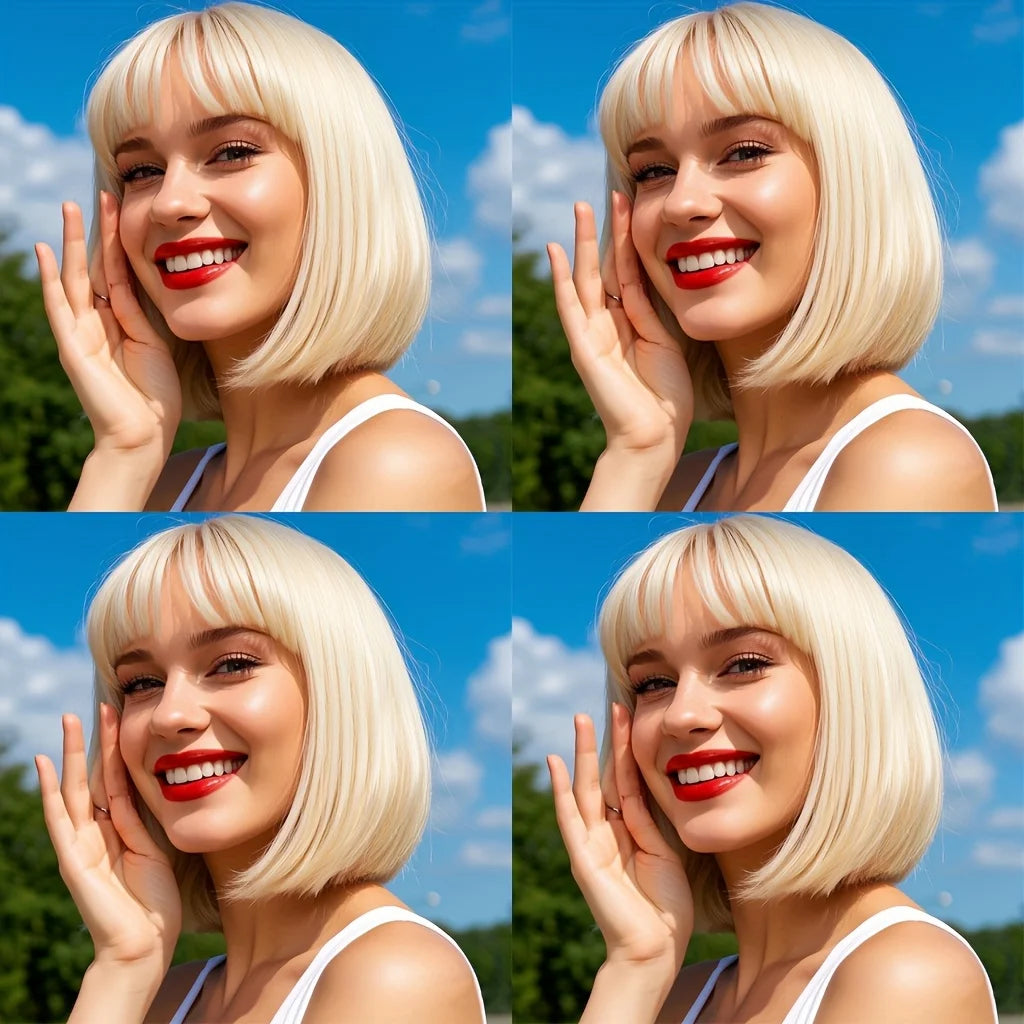 Charming Short Bob Wig, Fully Machine-Made 613 Blonde Hair with Bangs, Women's Short Straight Hair, Real Human Hair Wig, Suitable for Daily Wear, Cosplay, and Christmas Parties