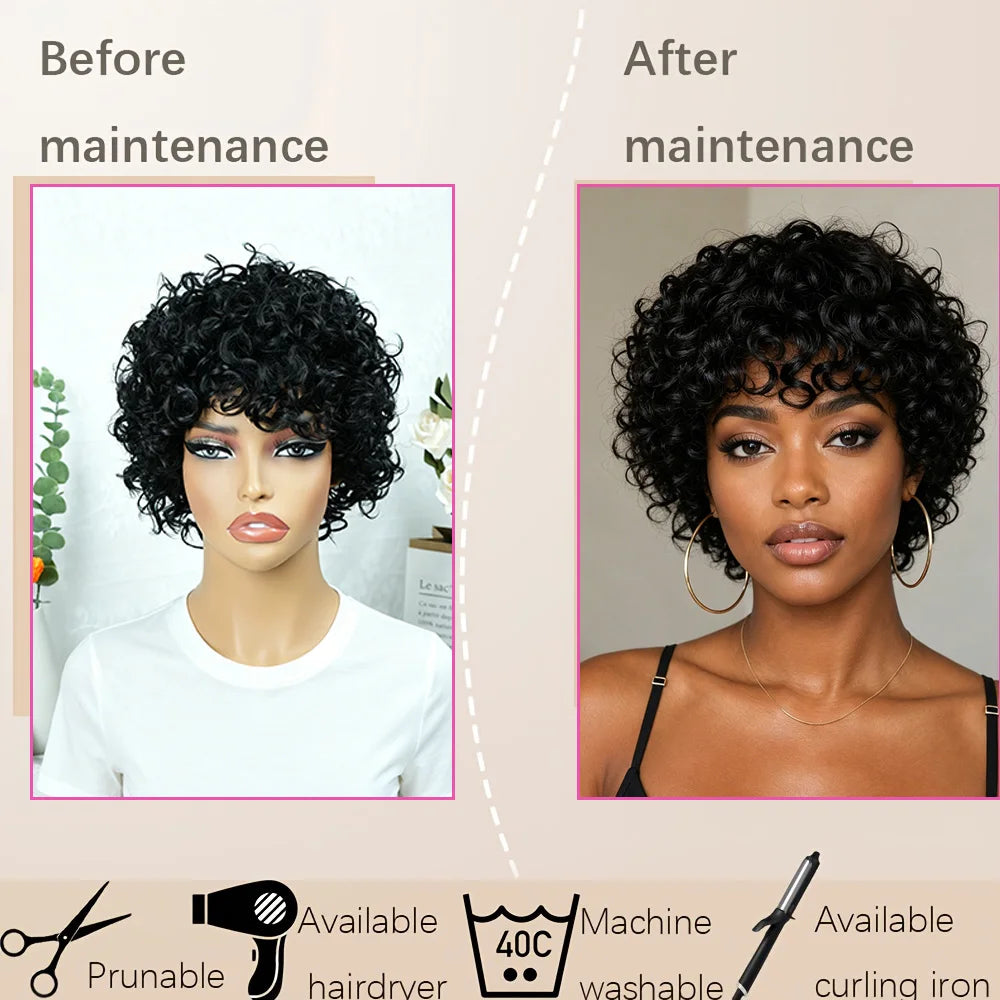 Short Curly Human Hair Wig For Women Brazilian Human Hair 6Inch Curly Pixie Cut Human Hair With Bangs Layered Full Machine Made