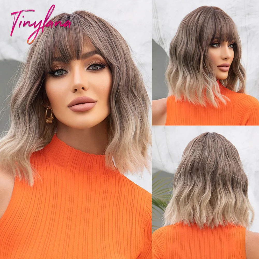 Blue Bob Curly Wavy Synthetic Wigs with Bangs Short Colorful Blue Cosplay Wig for Women DaiIy Lolita Natural Heat Resistant Hair