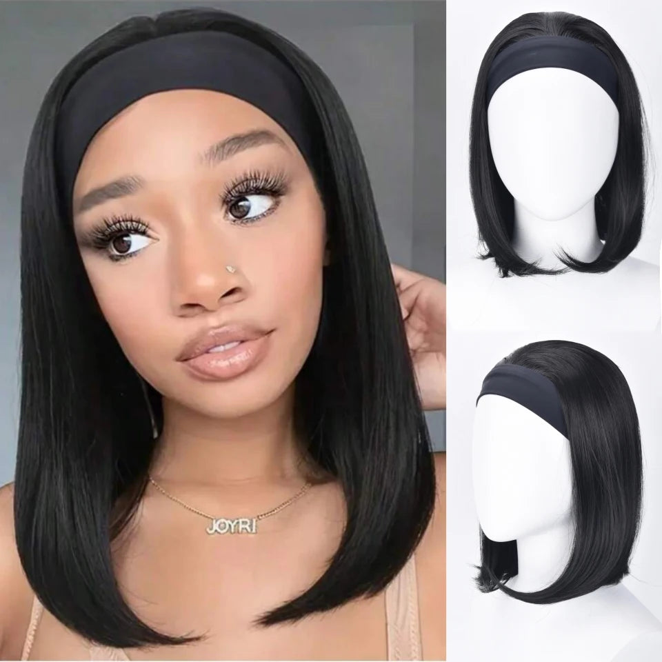 16 Inch Headband Wig For Women Mixed Brown Ombre Bob Wig Straight Synthetic Heat Resistant Wig With Headband For Daily Party Use
