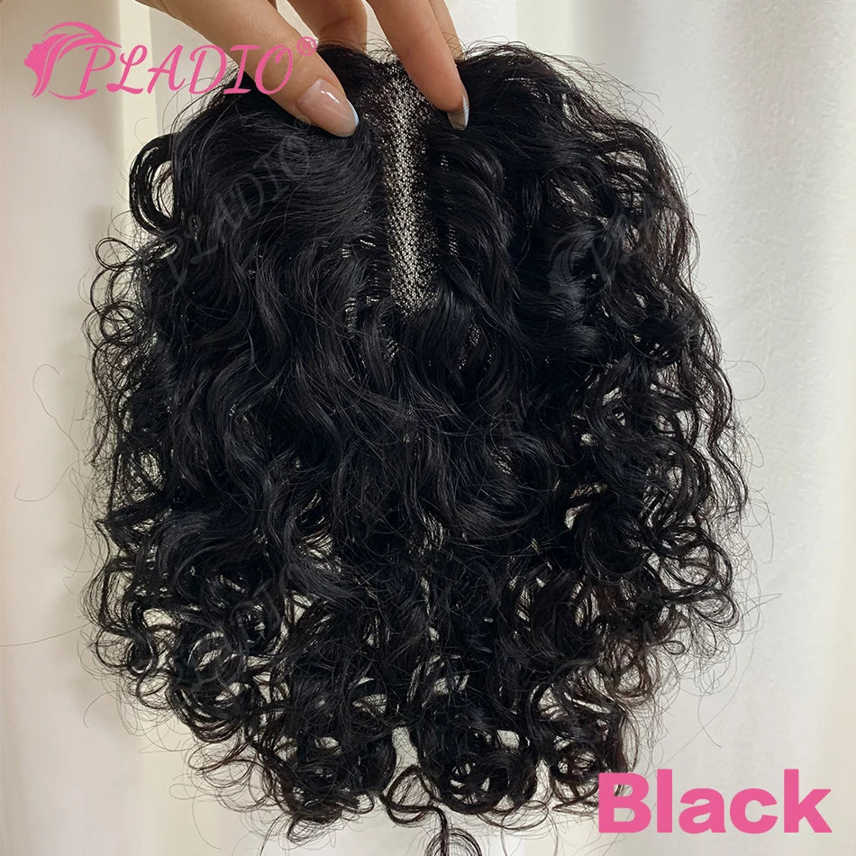 Real Human Hair Toppers for Women Clip In Curly 9x14cm 12 Inch Natural Black Breathable Mesh Base for Thinning Hair Add Volume