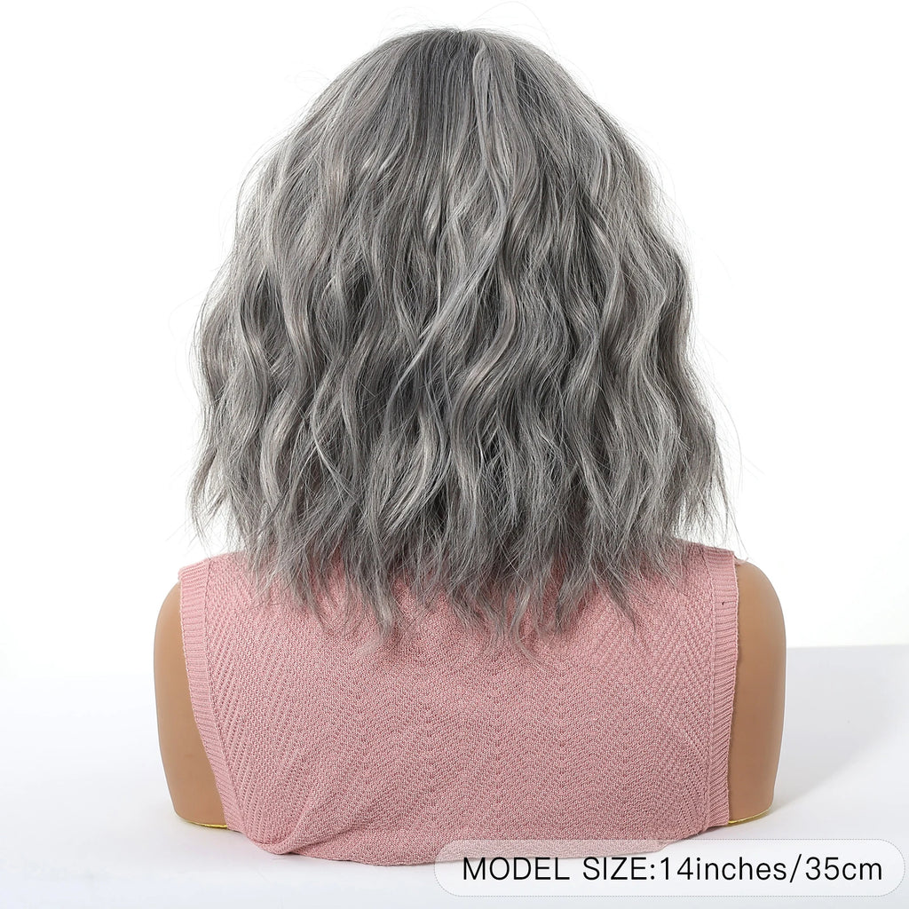 Short Silver Gray Curly Wavy Synthetic Wigs with Bangs for Women Grey Bob Cosplay Party Lolita Natural Hair Wig Heat Resistant