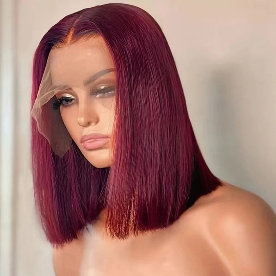 99J Burgundy Straight Short Bob Wig 13x4 Lace Front Wigs Red Colored HD Lace Frontal Wig Brazilian Remy 100% Human Hair 14 Inch