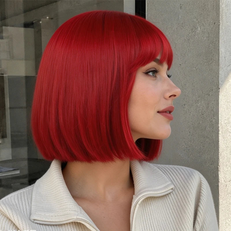 Stylish and elegant red bob with synthetic hair strands, 12-inch women's wig, suitable for parties and events.