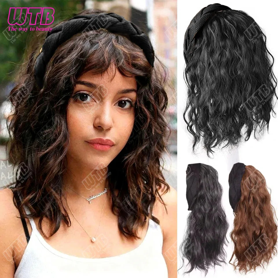 Short Wavy Curly Headband Wig Clip on Hair Extension U-Shaped Hairpieces Synthetic Natural Fake Half Wig for Women