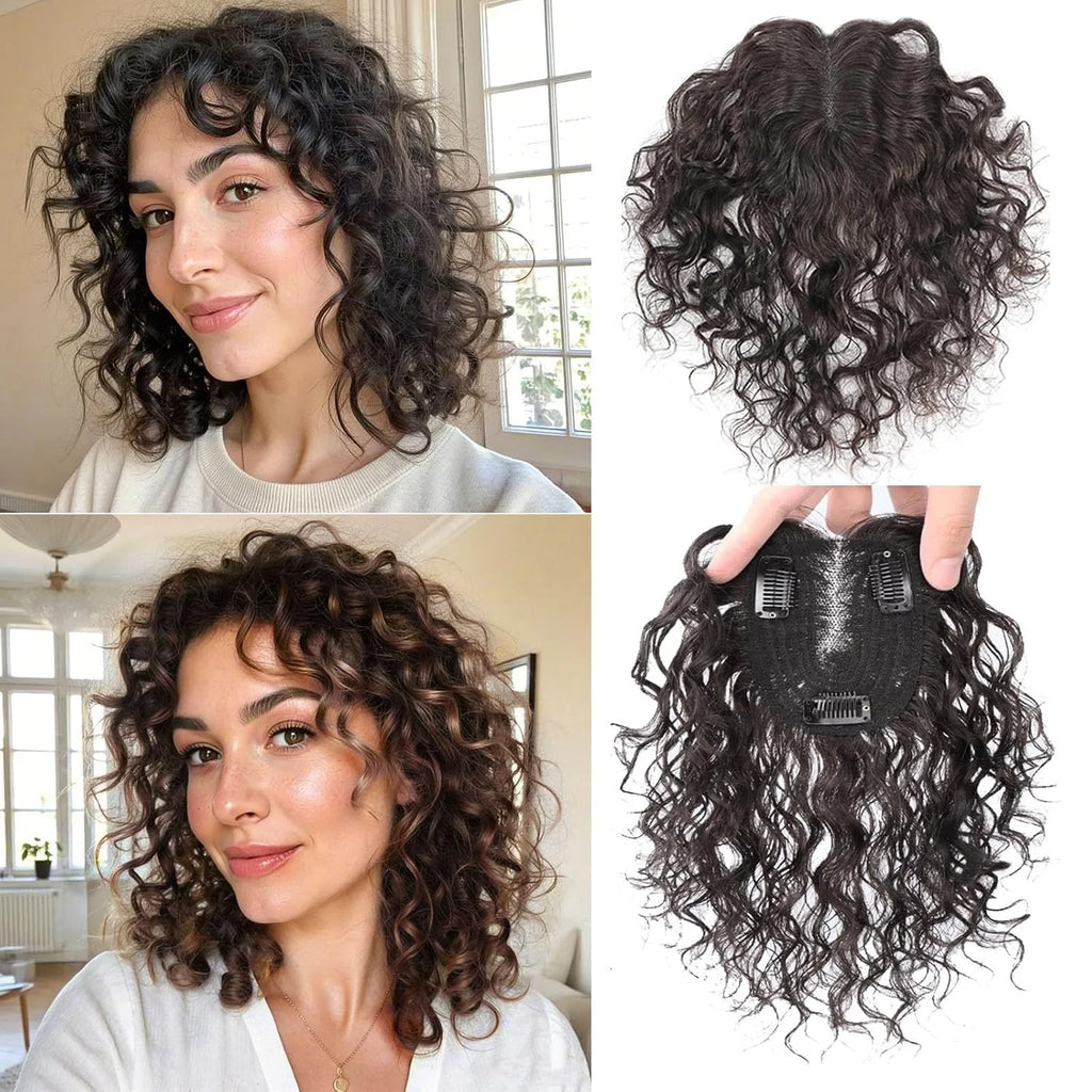30cm Short Curly Wavy Hair Topper for Women Real Human Hair Natural Black Swiss Lace Base Clip in Topper Wiglet Hairpiece 9X14cm