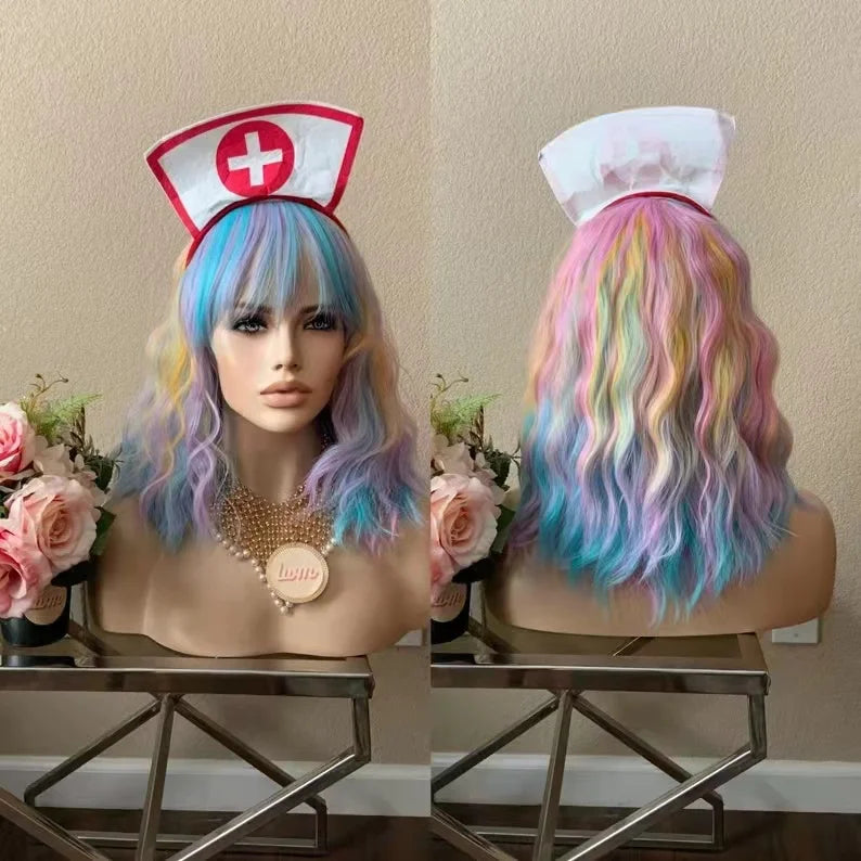 14" Women Short Wavy Curly Wig Rainbow Bob Wig Cosplay Halloween Synthetic Wigs With Neat Bang Wig  Rainbow
