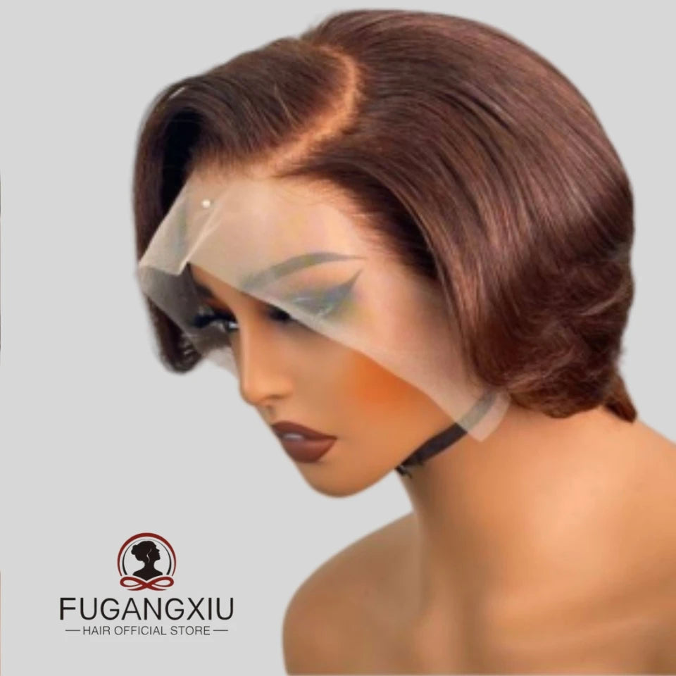 13×4 frontal lace remy wig for women 8inch short straight pixie cut human hair wig natural black/#4  color 150%density