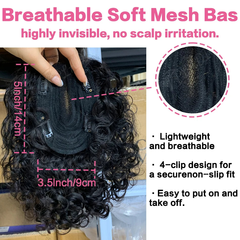 Real Human Hair Toppers for Women Clip In Curly 9x14cm 12 Inch Natural Black Breathable Mesh Base for Thinning Hair Add Volume