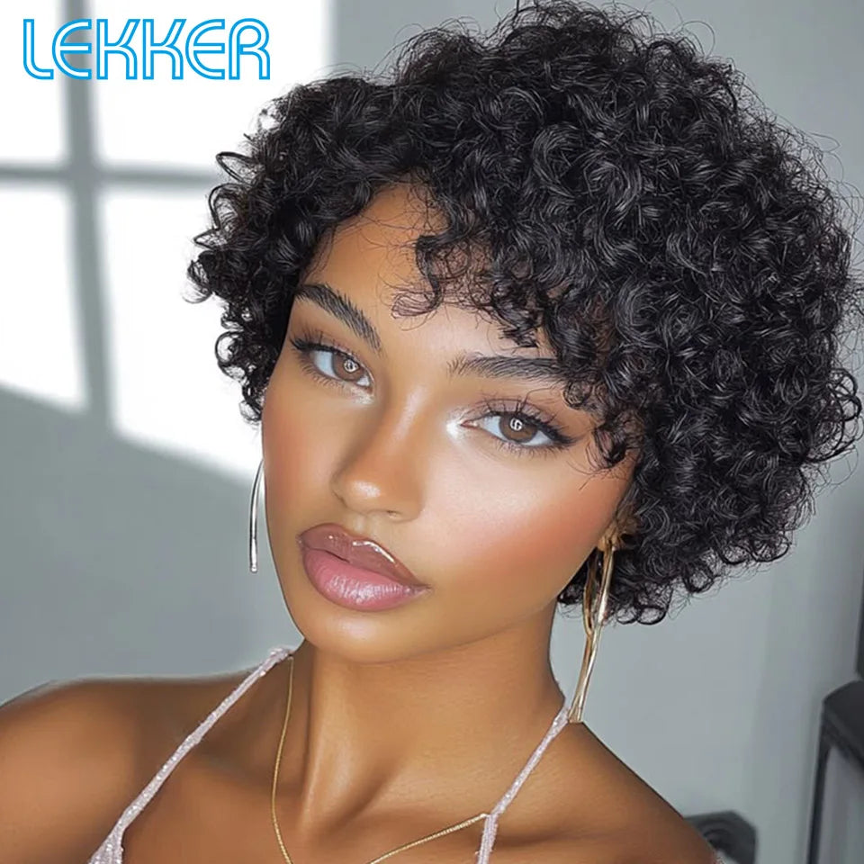 Lekker 100% Human Hair Wigs Long Pixie Cut Afro Kinky Curly Bob For Women Brazilian Remy Hair Full Machine Made Glueless Wigs