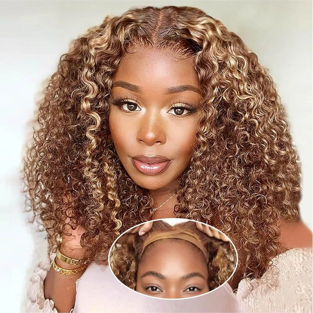 4/27 Highlight Color Curly Bob Wig Human Hair Deep Wave 200% Density 5x5 Glueless Closure Bob Wigs 14 Inch Ombre Brown Lace Wigs