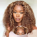 4/27 Highlight Color Curly Bob Wig Human Hair Deep Wave 200% Density 5x5 Glueless Closure Bob Wigs 14 Inch Ombre Brown Lace Wigs