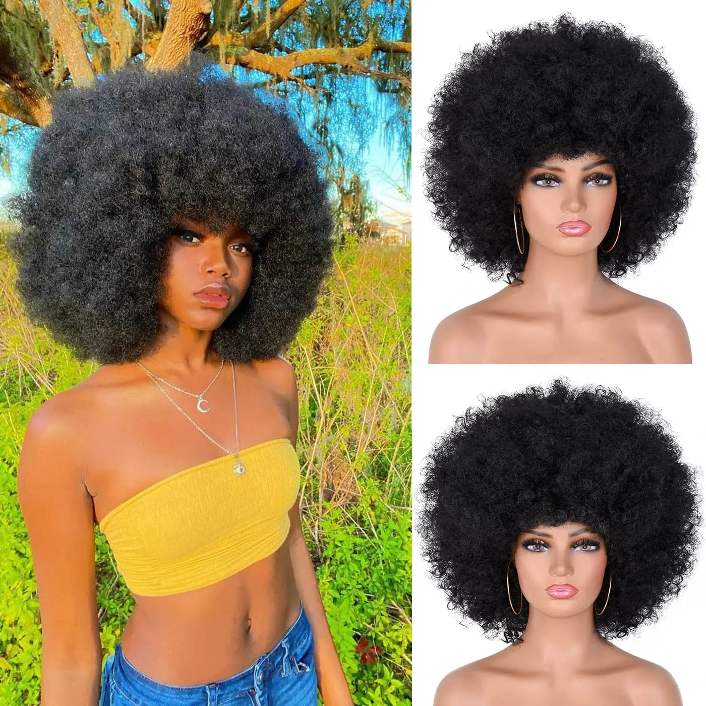 Natural Black 70s Afro Bouncy Curls Human Hair Wigs With Bangs Full Machine Made Kinky Curly Short Bob Glueless Wigs Wear and Go