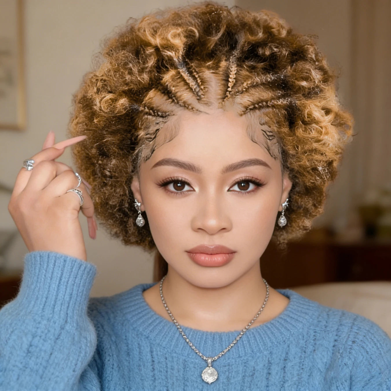 13x4 Lace Front Braided Wigs Human Hair, Pre Braided Afro Kinky Curly Wigs Afro Puff Design for Women