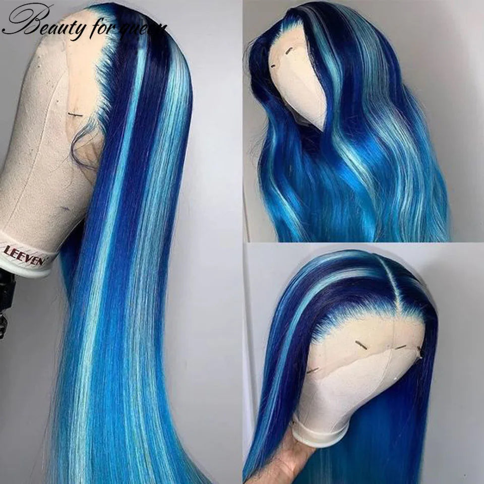 Remy Brazilian Hair Front Lace Wig PrePlucked Blue Lace Front Human Hair Wigs For Women Straight HD Transparent Lace Frontal Wig