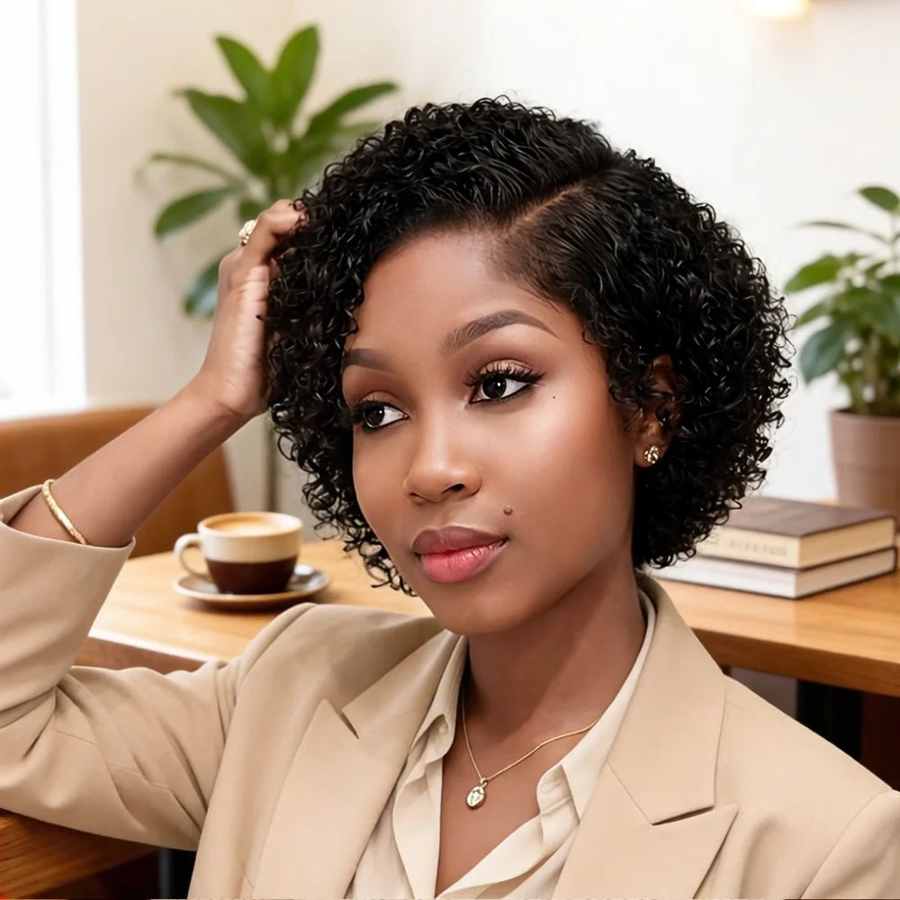 Elegant Curly Wave Pixie Cut 13x4x1 Lace Front Preplucked Remy Human Hair Wig for Women