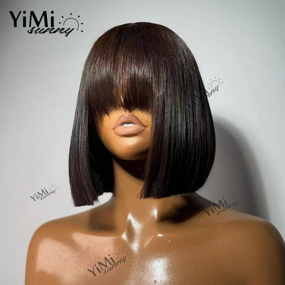 Short Straight Bob Lace Front Human Hair Wig With Bangs For Woman 4x4 Lace Closure Smooth Hair Wig High Density Yimisunny