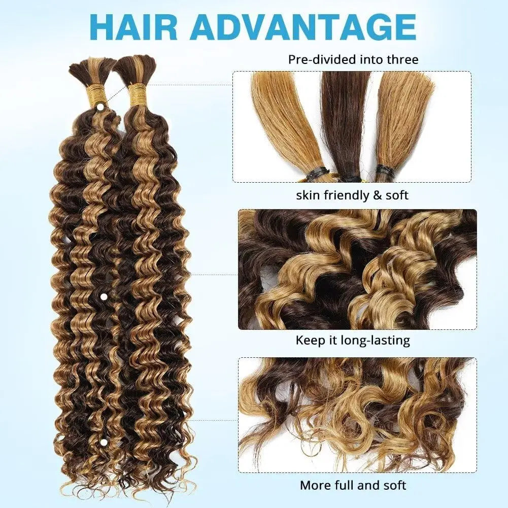 Highlight Boho Braids Human Hair Bulk Braiding Hair Deep Wave Human Hair P4/27 Remy Bulk Hair No Weft Bundle For Braiding