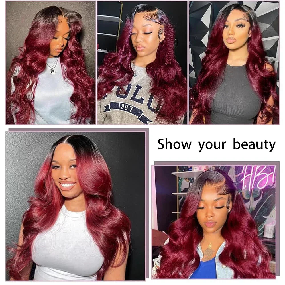 Human Hair 1B/Burgundy Brazilian Body Wave Weave Bundles 100%  Human Hair Bundles With  4x4 Lace Closure Remy Hair Extension
